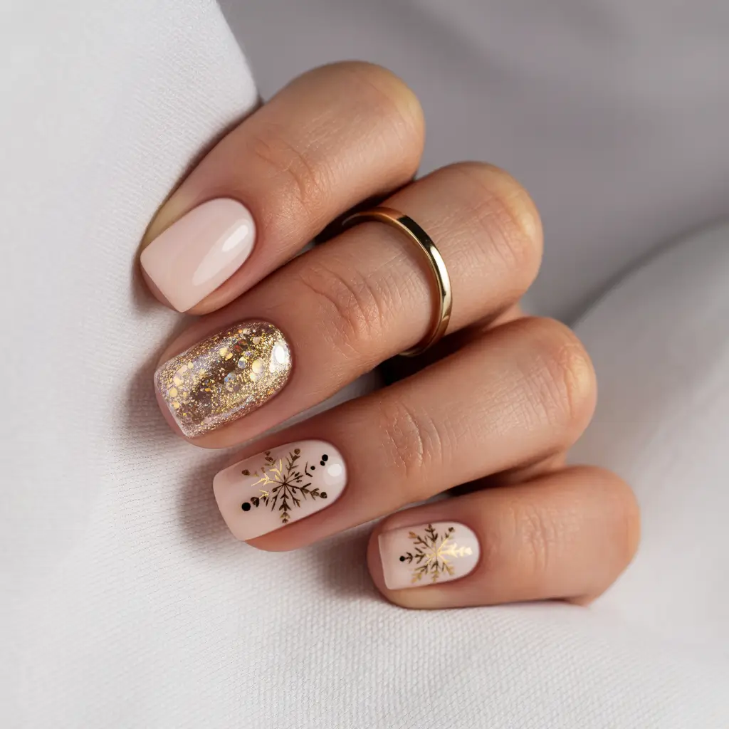 cute nails aesthetic 2026 Golden Snowflake Chic