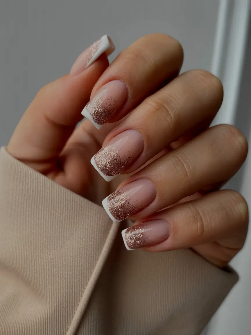 cute nails aesthetic 2026 Champagne Glitter French