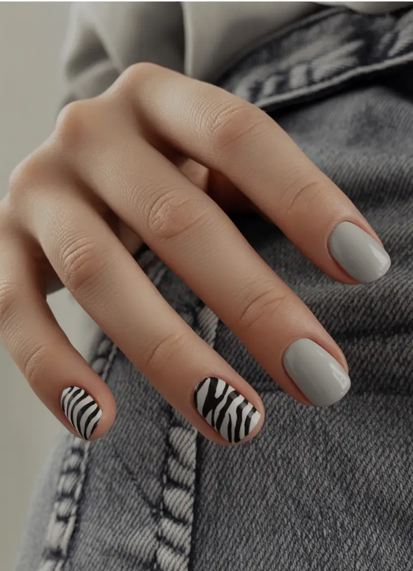 easy simple nails 2026 Grey Minimalism with Zebra Accent Art