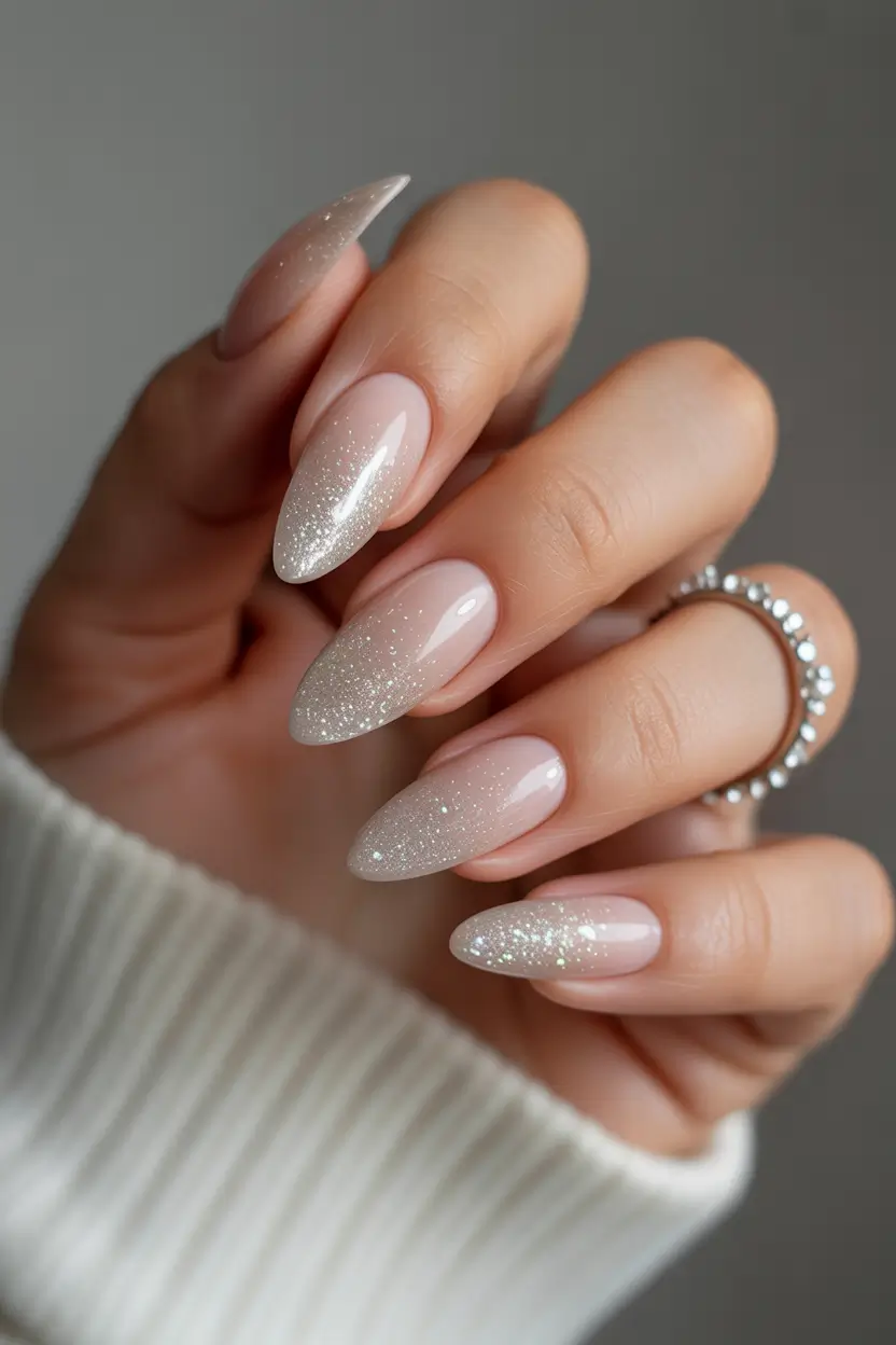 easy simple nails 2026 Soft Glitter Almond for an Elegant Winter Glow