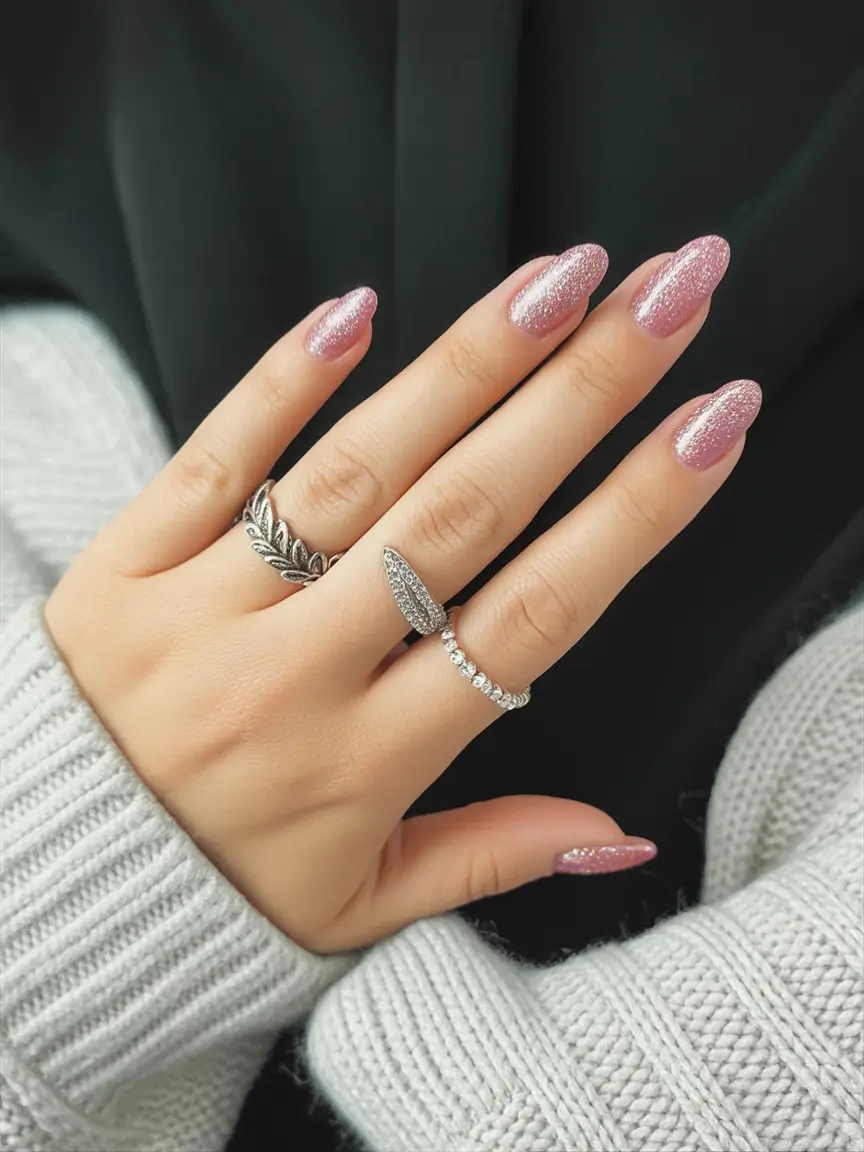 easy simple nails 2026 Sugar Pink Sparkle for a Frosted Almond Look