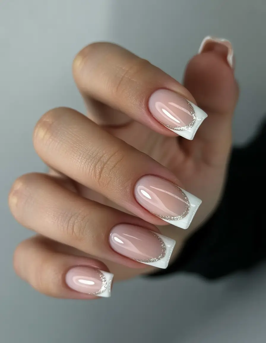 easy simple nails 2026 White French Glam with a Soft Glitter Curve
