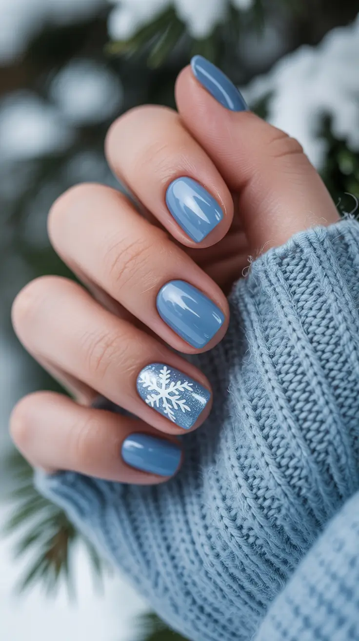 easy simple nails 2026 Cozy Blue Snowflake for a Cute Winter Short Look