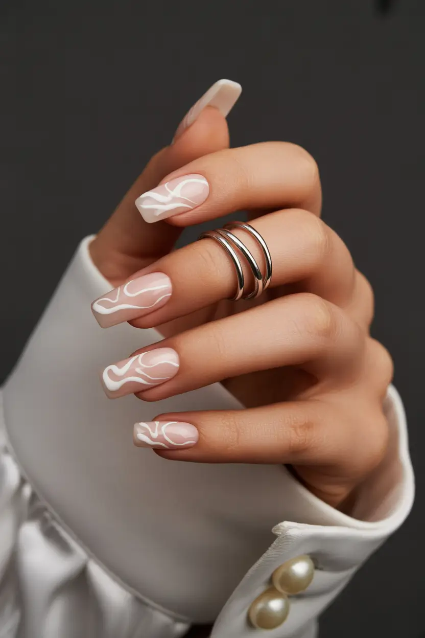 easy simple nails 2026 Modern Milky White Swirls for Elegant Square Nails