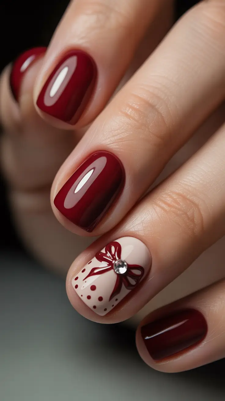 easy simple nails 2026 Deep Red Charm with Cute Winter Details