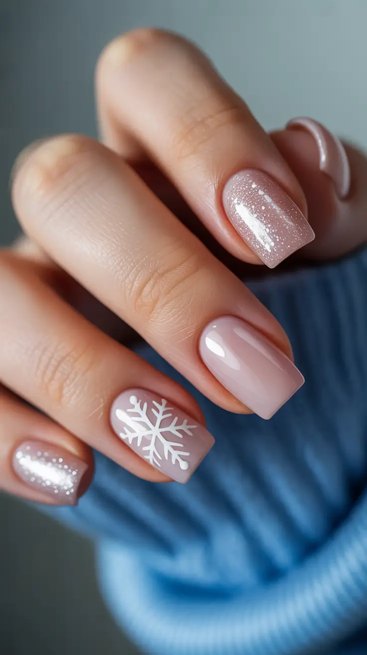 easy simple nails 2026 Soft Nude Sparkle with Snowflake Accent