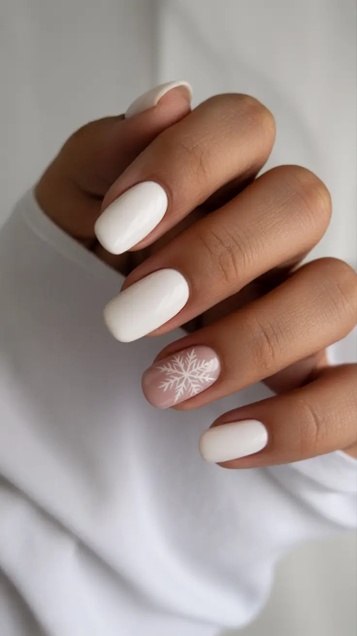 easy simple nails 2026 White Winter Minimalism with a Soft Snowflake Accent