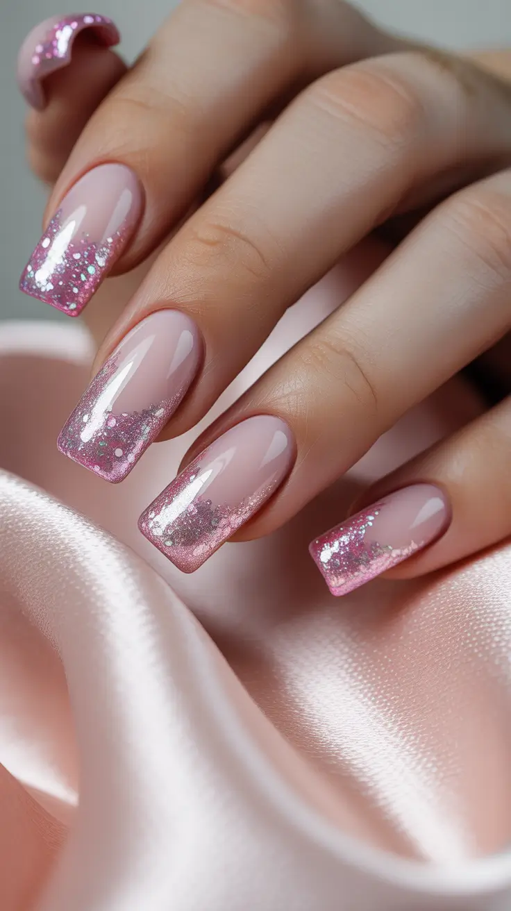 easy simple nails 2026 Pink Glitter French Fade with a Glossy Finish