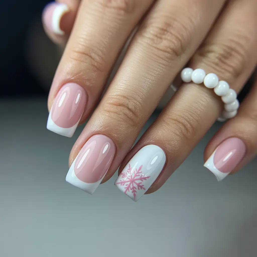 easy simple nails 2026 Modern French with a Playful Pink Snowflake