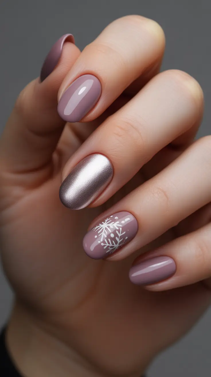 easy simple nails 2026 Mauve Metallic Almond with Snowy Accents