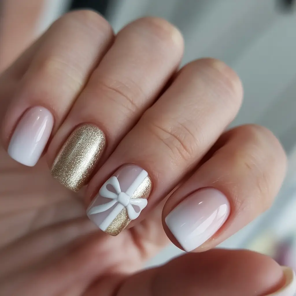 easy simple nails 2026 White and Gold Gift Wrap Nails with a Sweet Bow