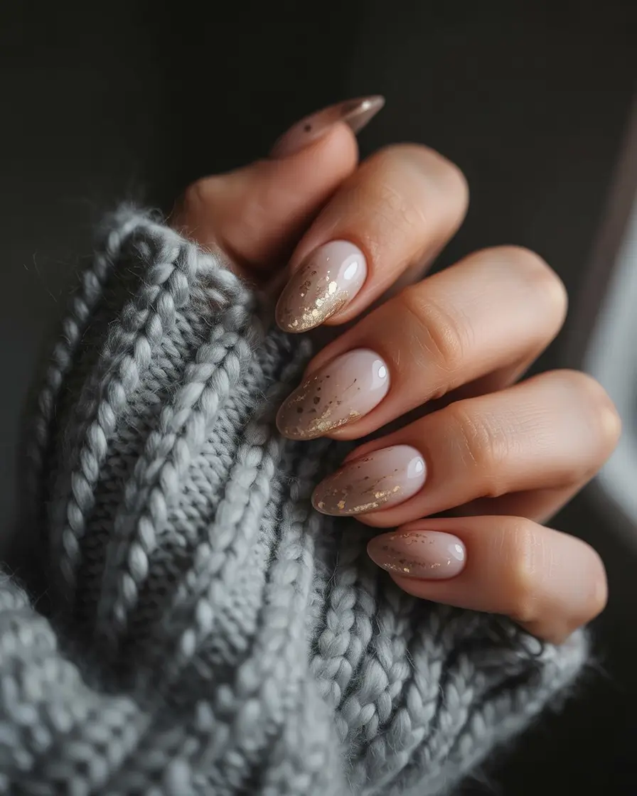 easy simple nails 2026 Warm Nude Almond with Gold Flake Accents