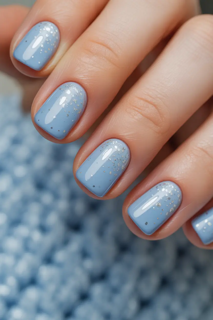 easy simple nails 2026 Frosty Blue Short Nails with Silver Sparkle