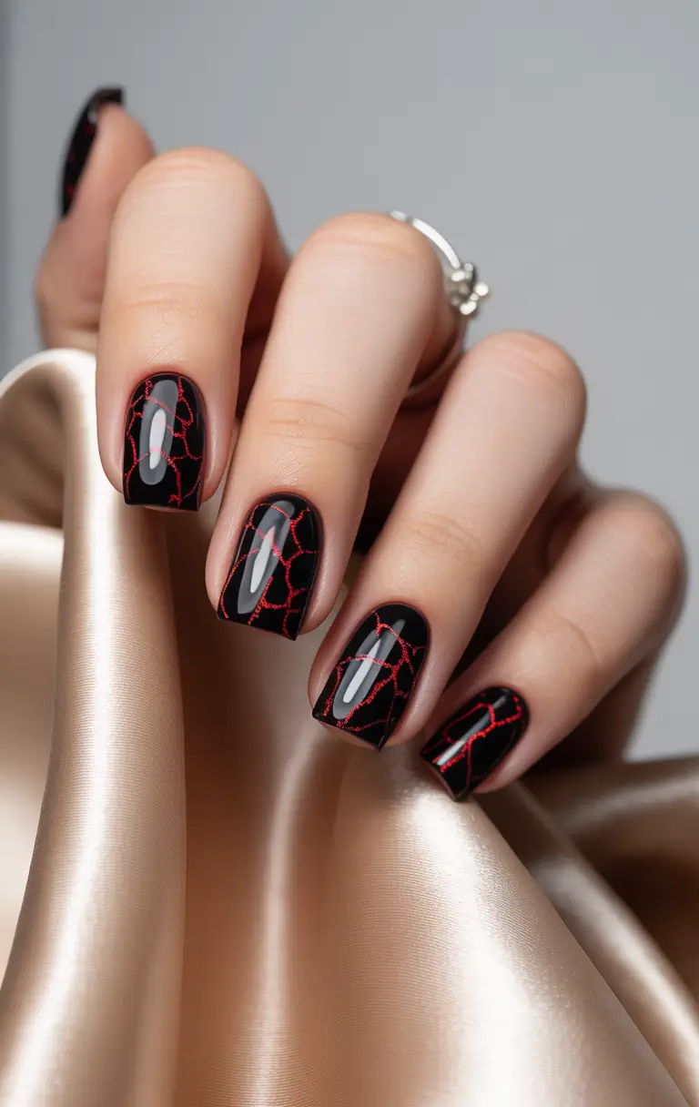 elegant black nails 2026 Crimson Veins on Midnight Gloss