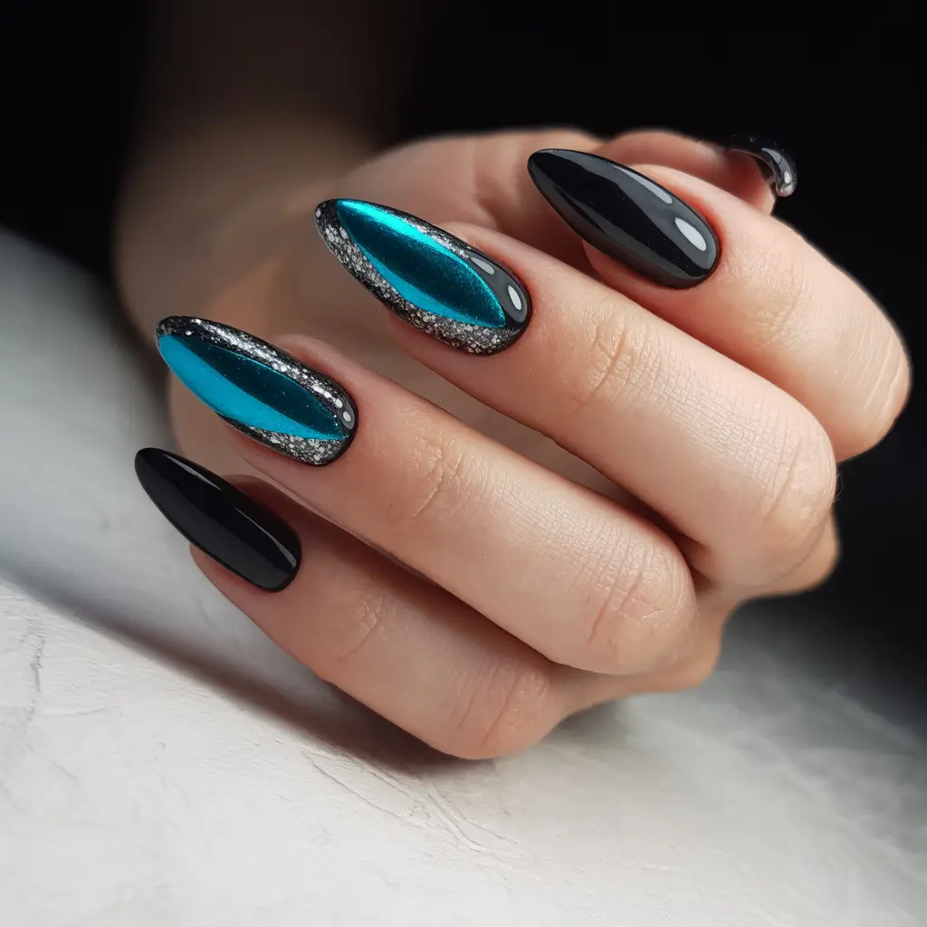 elegant black nails 2026 Electric Teal Shields Framed in Black Sparkle