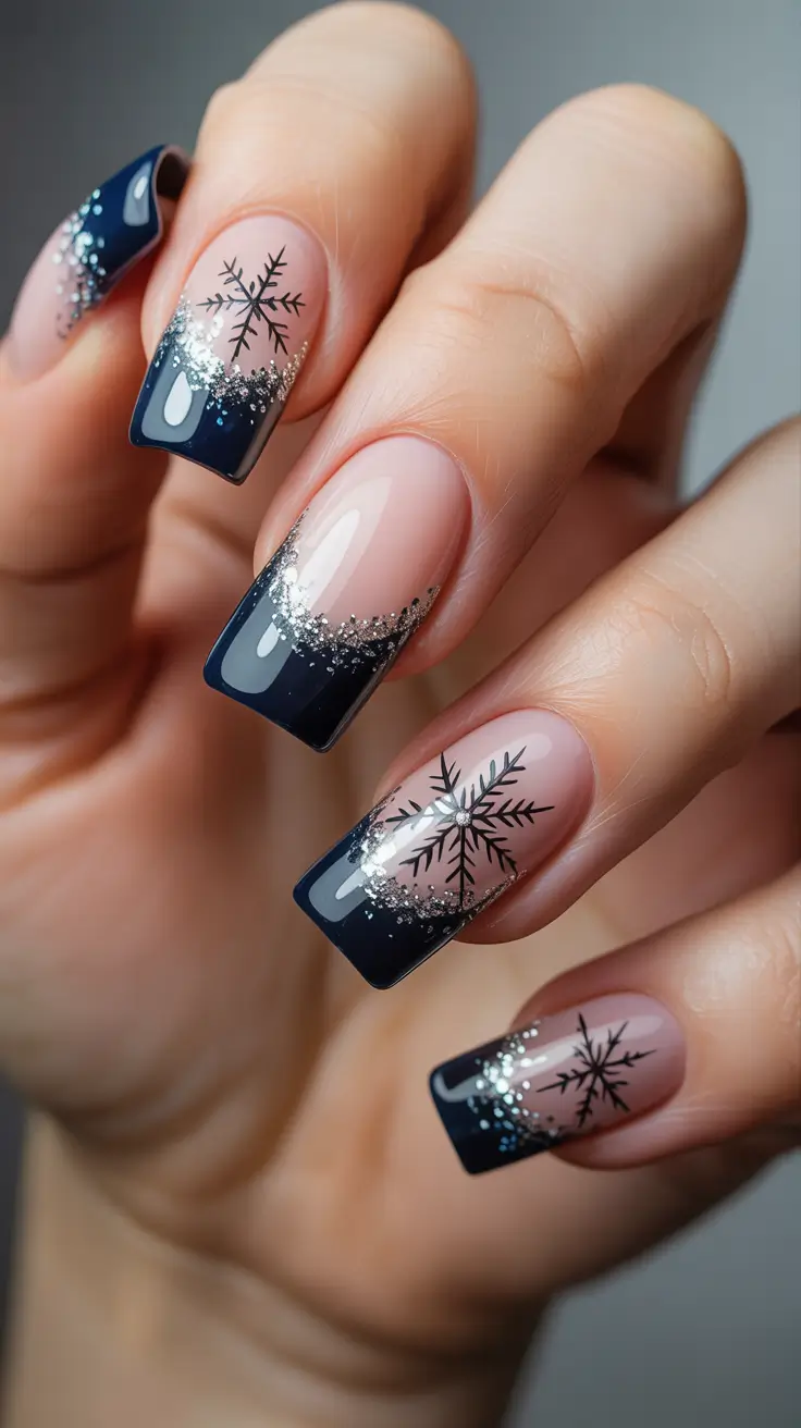 elegant black nails 2026 Winter Snowfall French with Midnight Tips