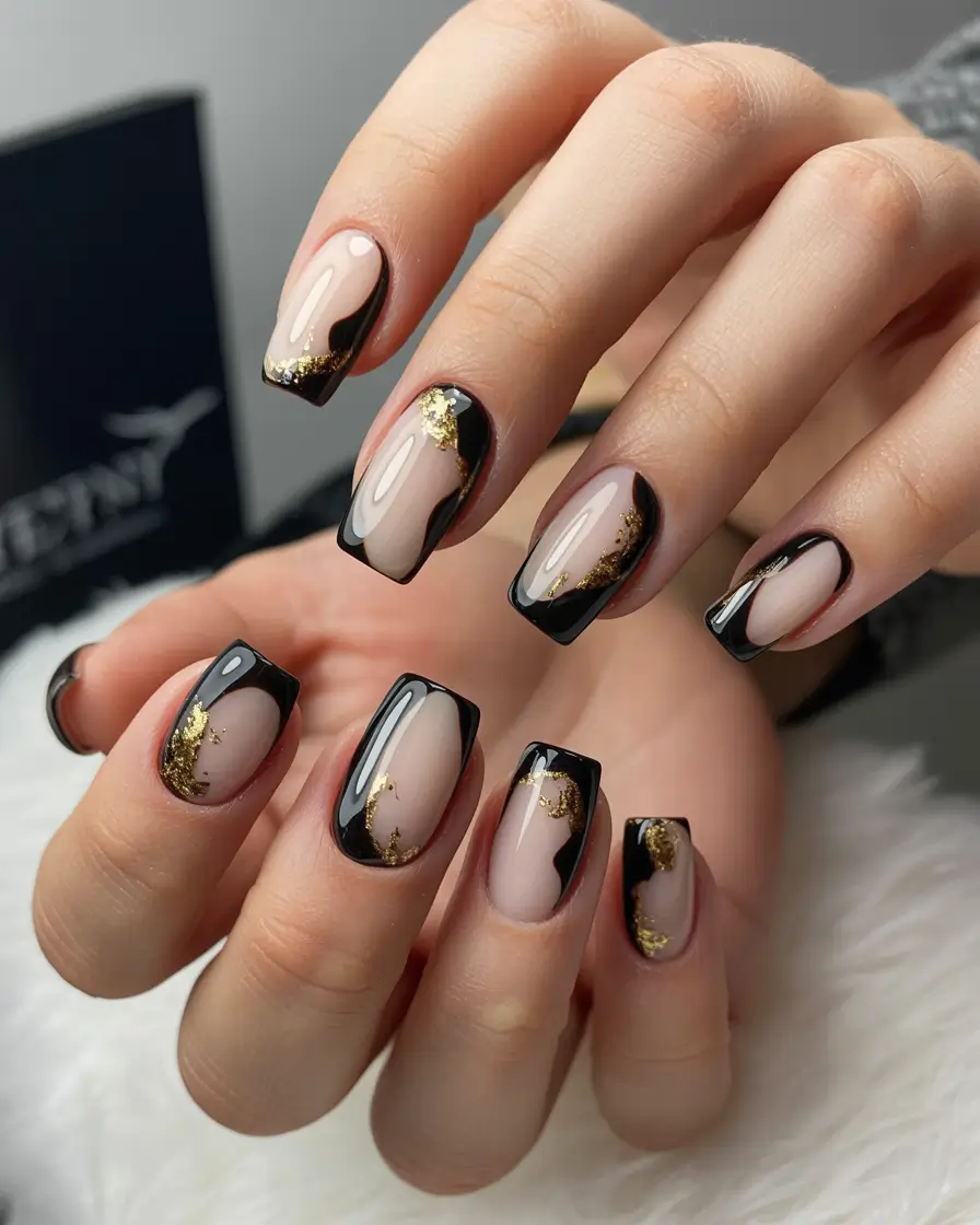 elegant black nails 2026 Abstract Gold and Black Marble with Glossy Edges