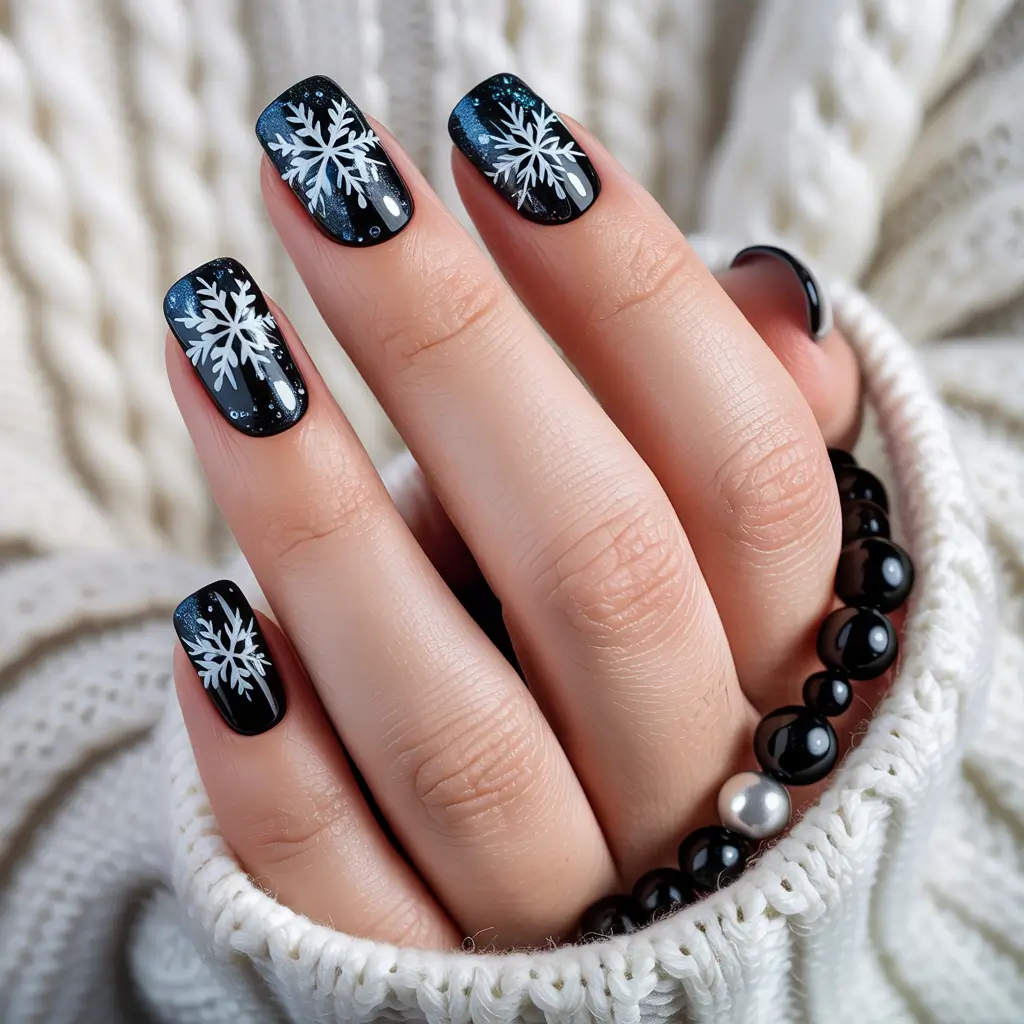 elegant black nails 2026 Snowflake Sparkle Over a Midnight Sky