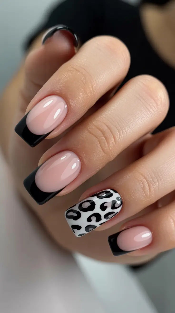 elegant black nails 2026 Chic Black French with a Leopard Twist