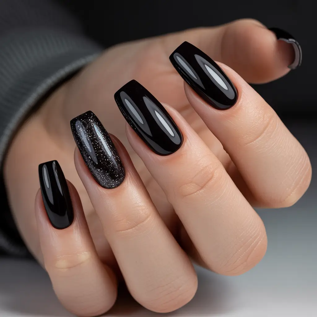 elegant black nails 2026 Black Mirror Shine with a Stardust Accent