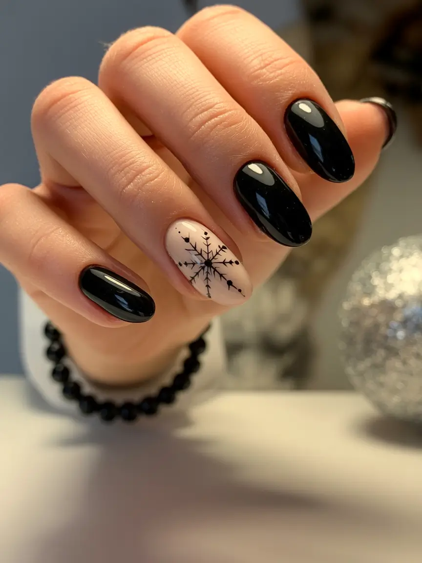 elegant black nails 2026 Minimal Noir with a Snowflake Accent
