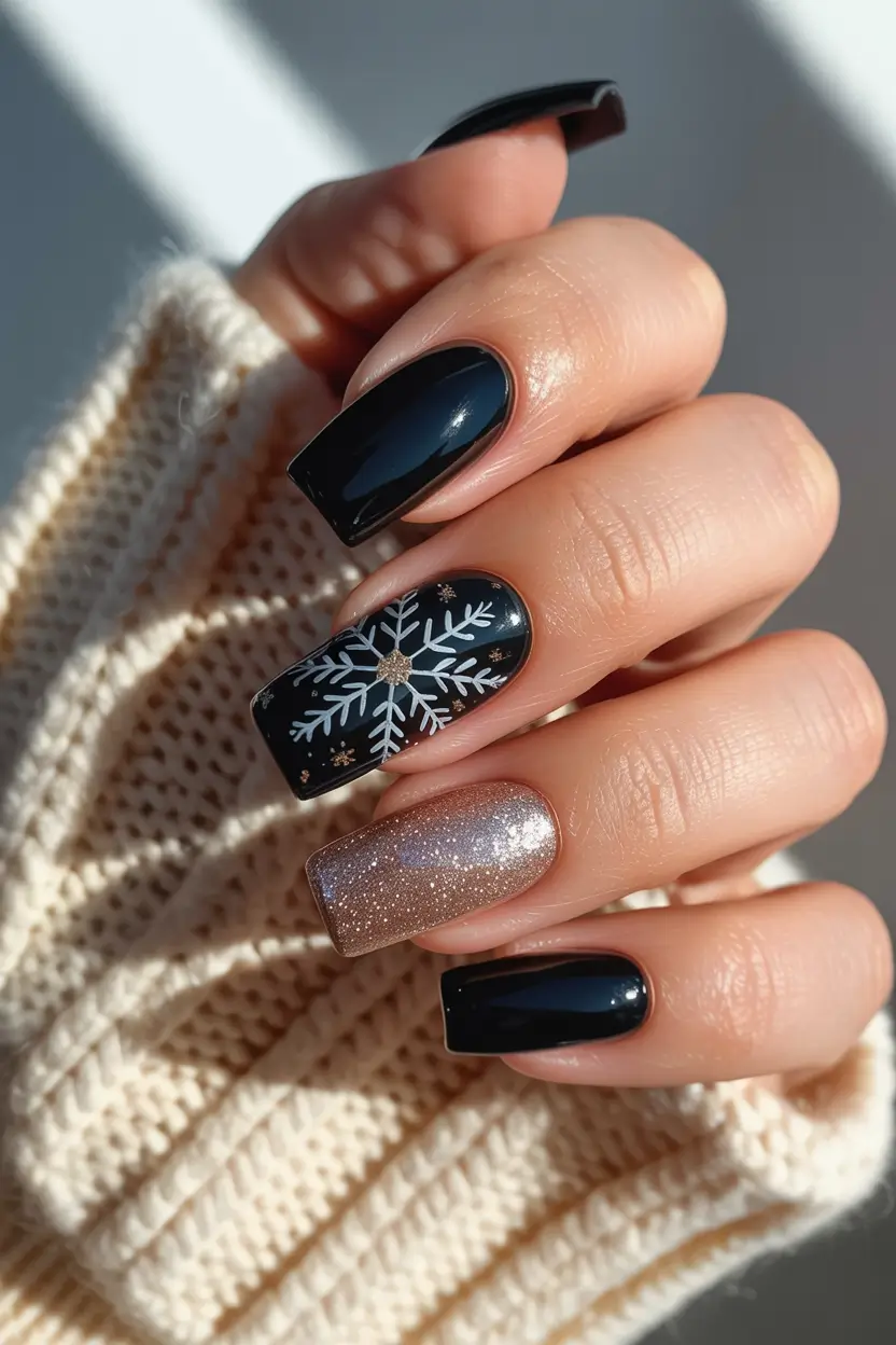 elegant black nails 2026 Snowflake Glam Paired with Winter Glitter
