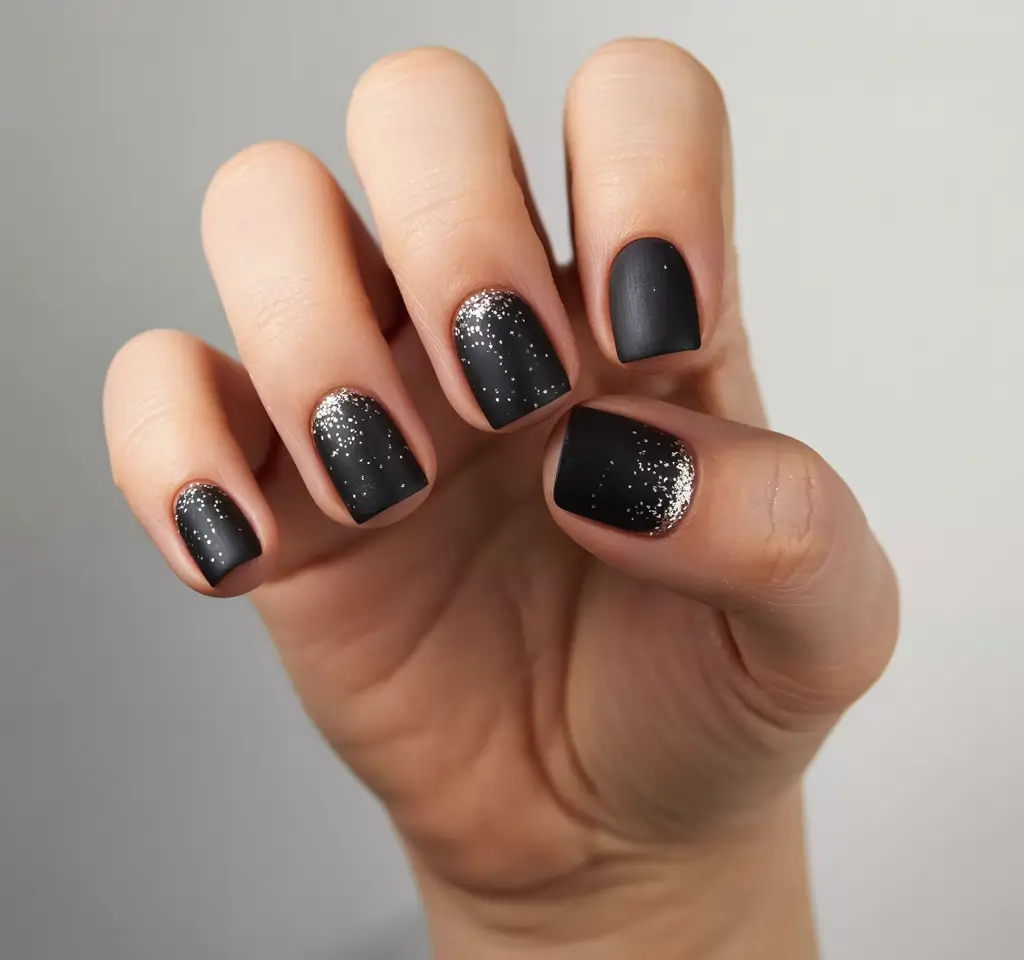 elegant black nails 2026 Frosted Nightfall on Short Tips