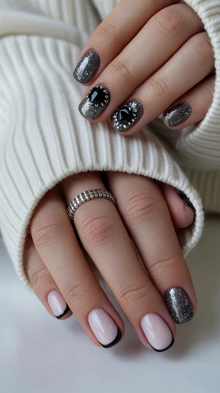 elegant black nails 2026 Soft French Noir with Silver Moon Dust