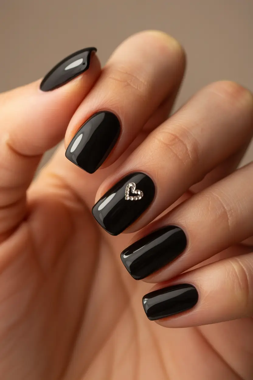 elegant black nails 2026 Minimal Noir Charm with a Dainty Heart Accent
