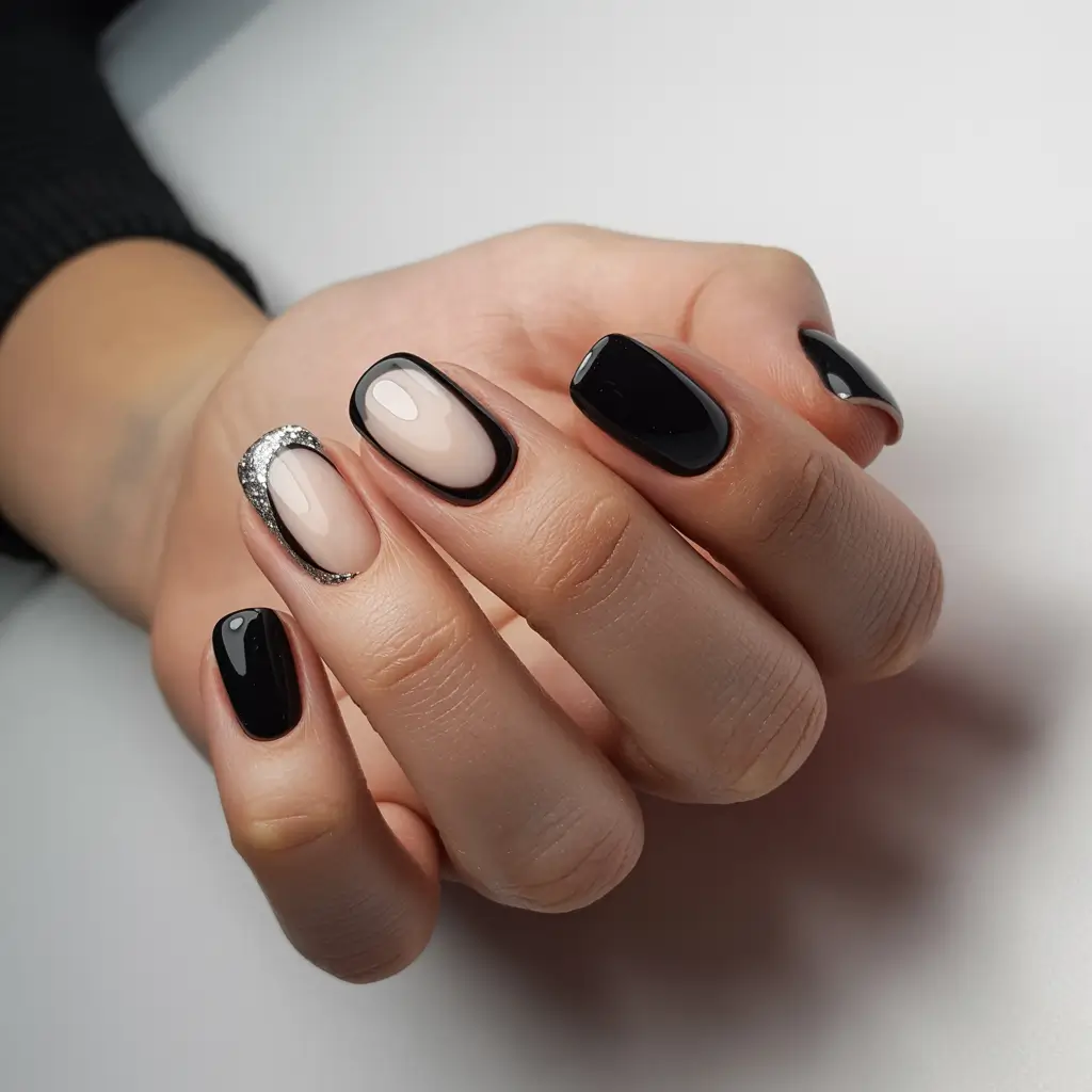elegant black nails 2026 Soft Nude Framed in Glossy Black Elegance