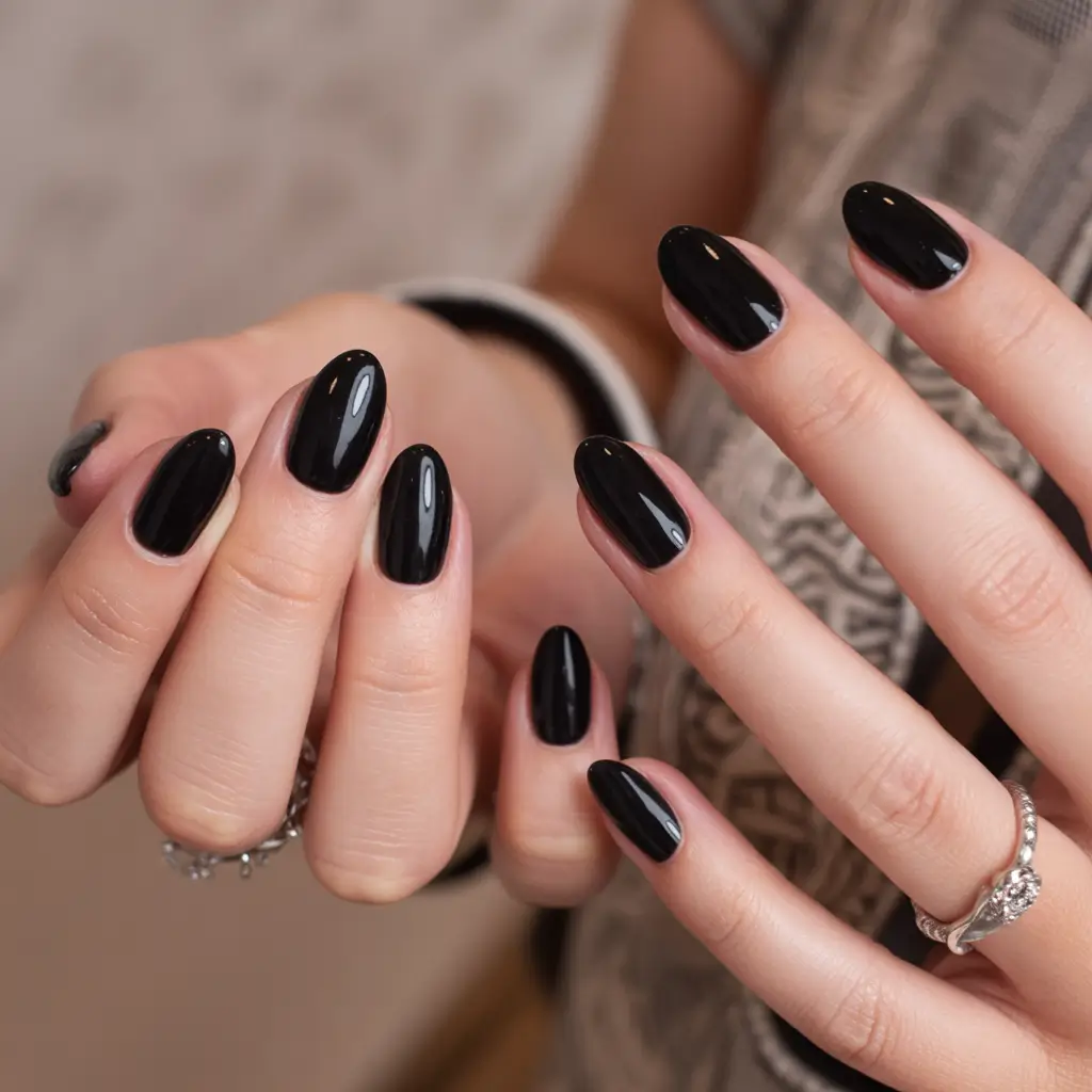 elegant black nails 2026 Pure Gloss Black on Almond Silhouettes