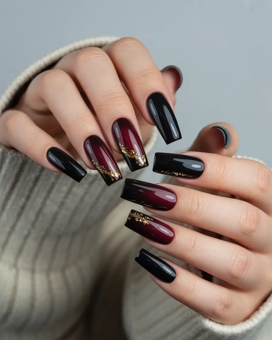 elegant black nails 2026 Black and Burgundy Glam with Gold Accents