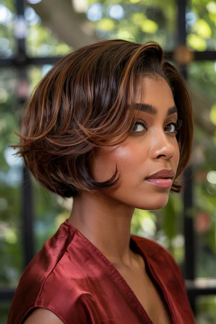 hairstyle black women short hair Layered Chestnut Bob With Gloss Finish