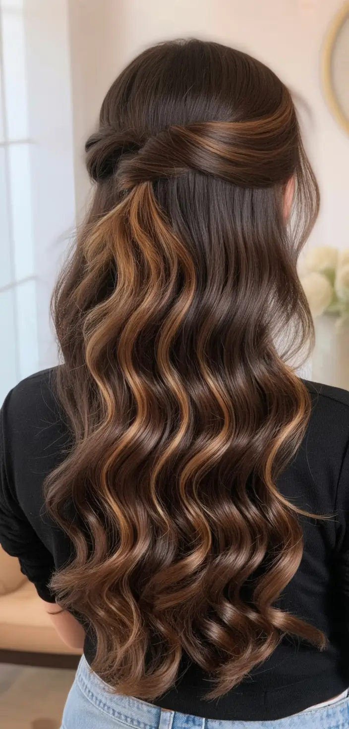 Elegant Long Hairstyles 2026 Soft Caramel Half Up
