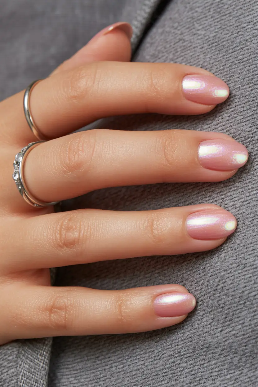 neutral nails 2026 Iridescent Pink Glow With a Soft Chrome Finish