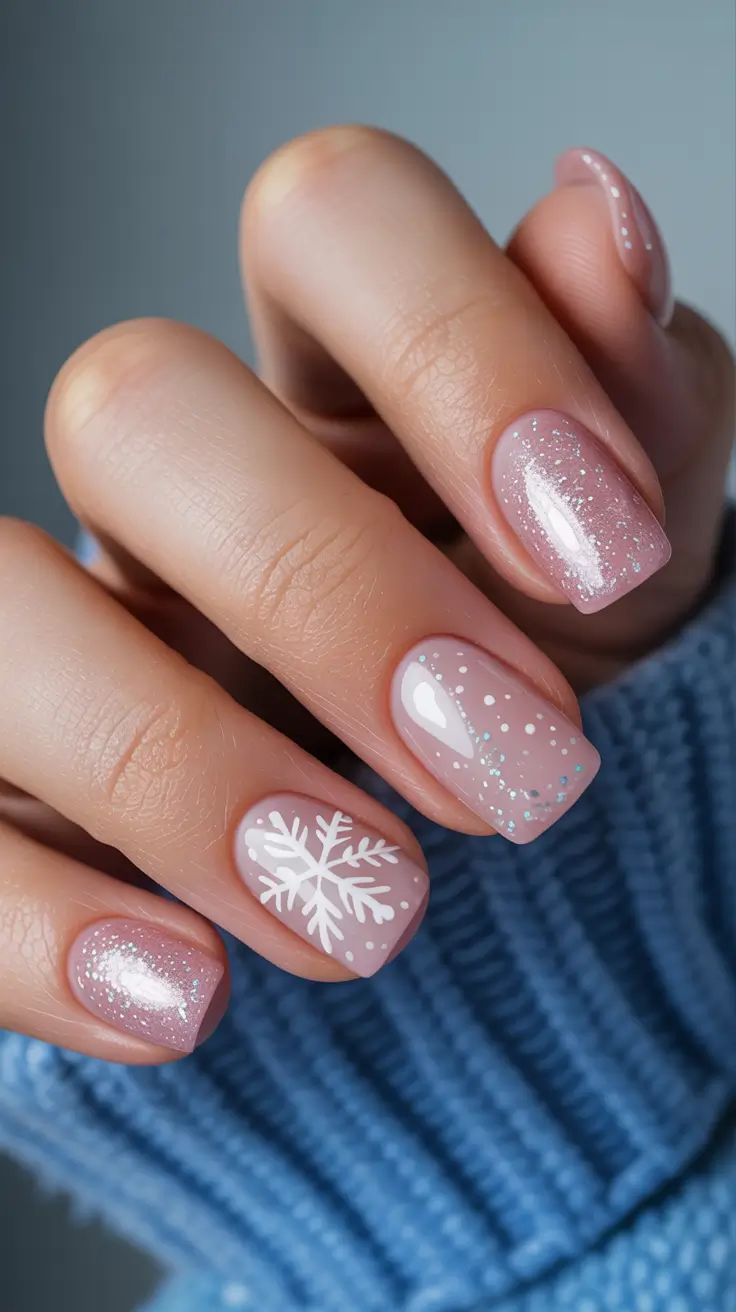 neutral nails 2026 Frosty Pink Winter Sparkle With Snowflake Art