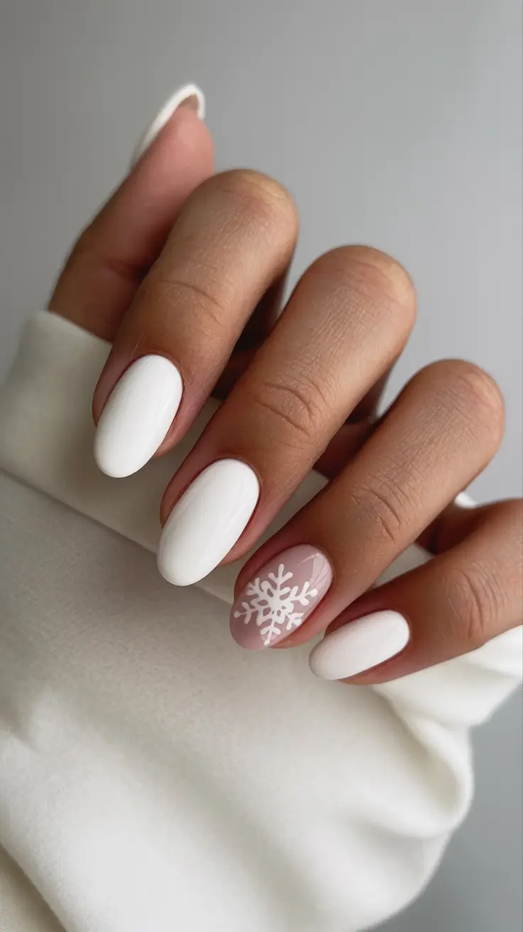 neutral nails 2026 Pink Snowflake Accent With Winter White Elegance