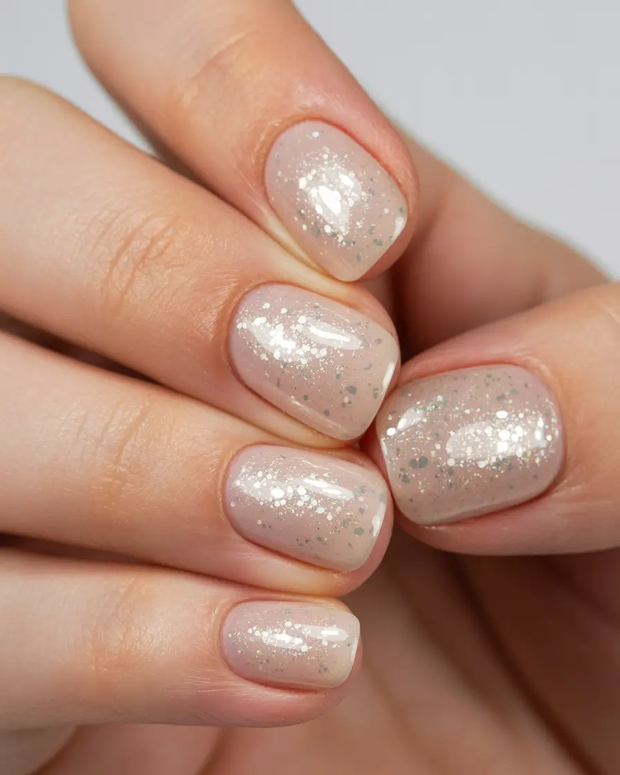 neutral nails 2026 Champagne Frost Glitter on Soft Beige