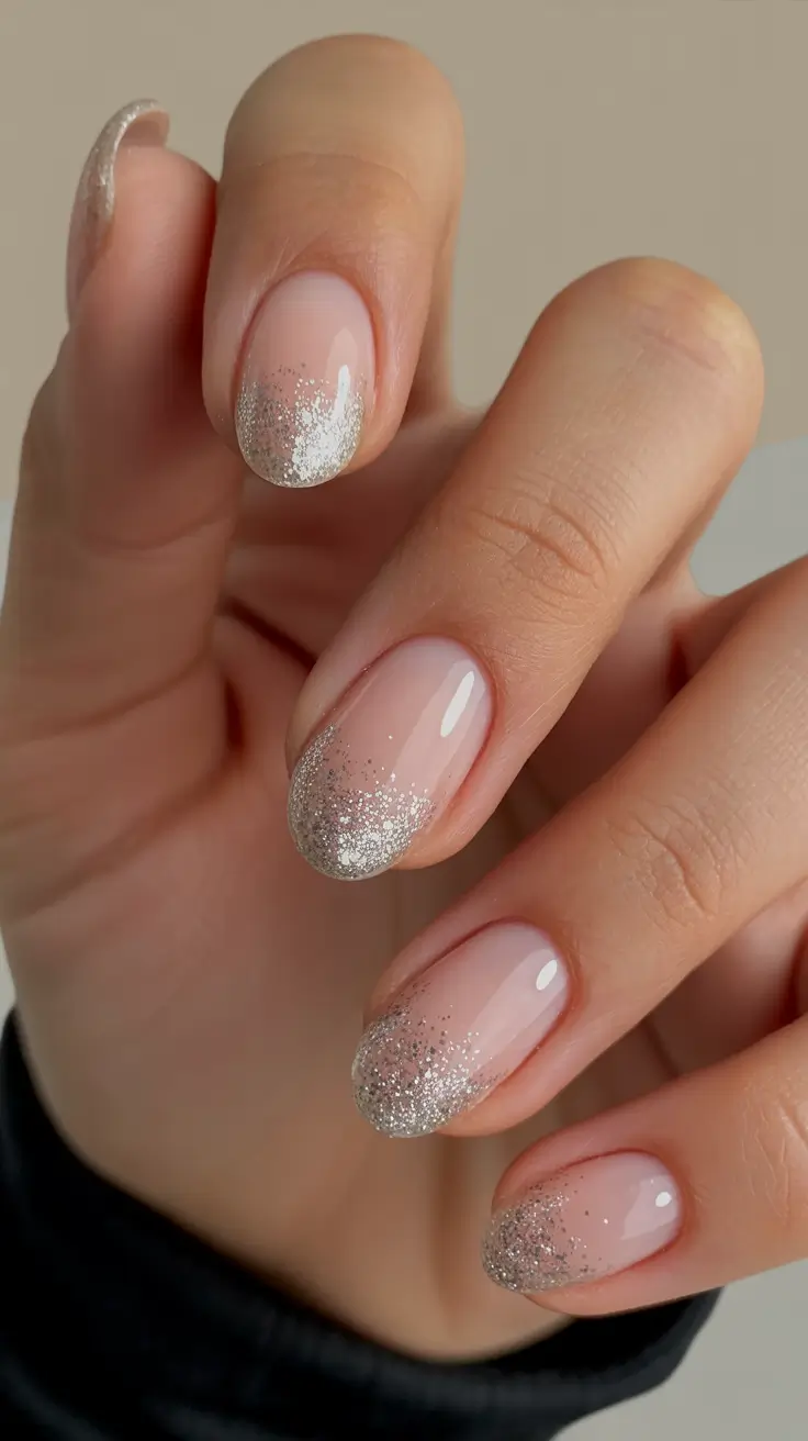 neutral nails 2026 Champagne Glitter Drift on a Sheer Pink Base