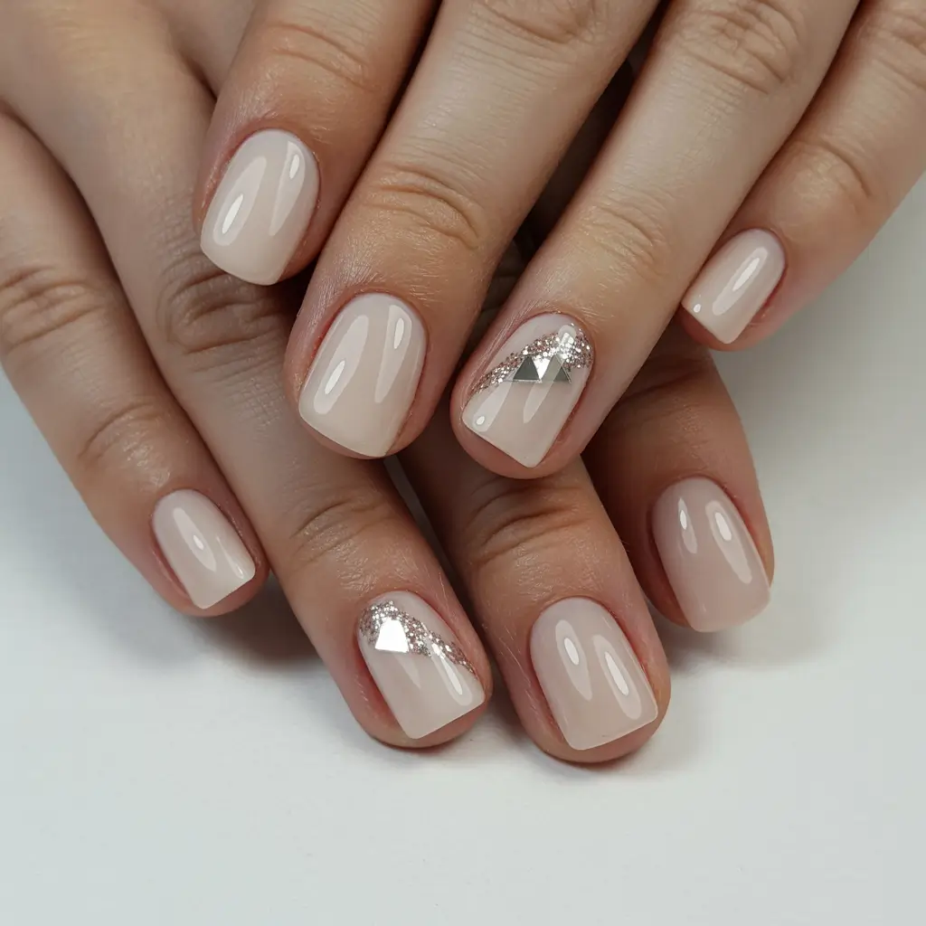 neutral nails 2026 Diamond Accent Soft Nude With Sparkling Edge