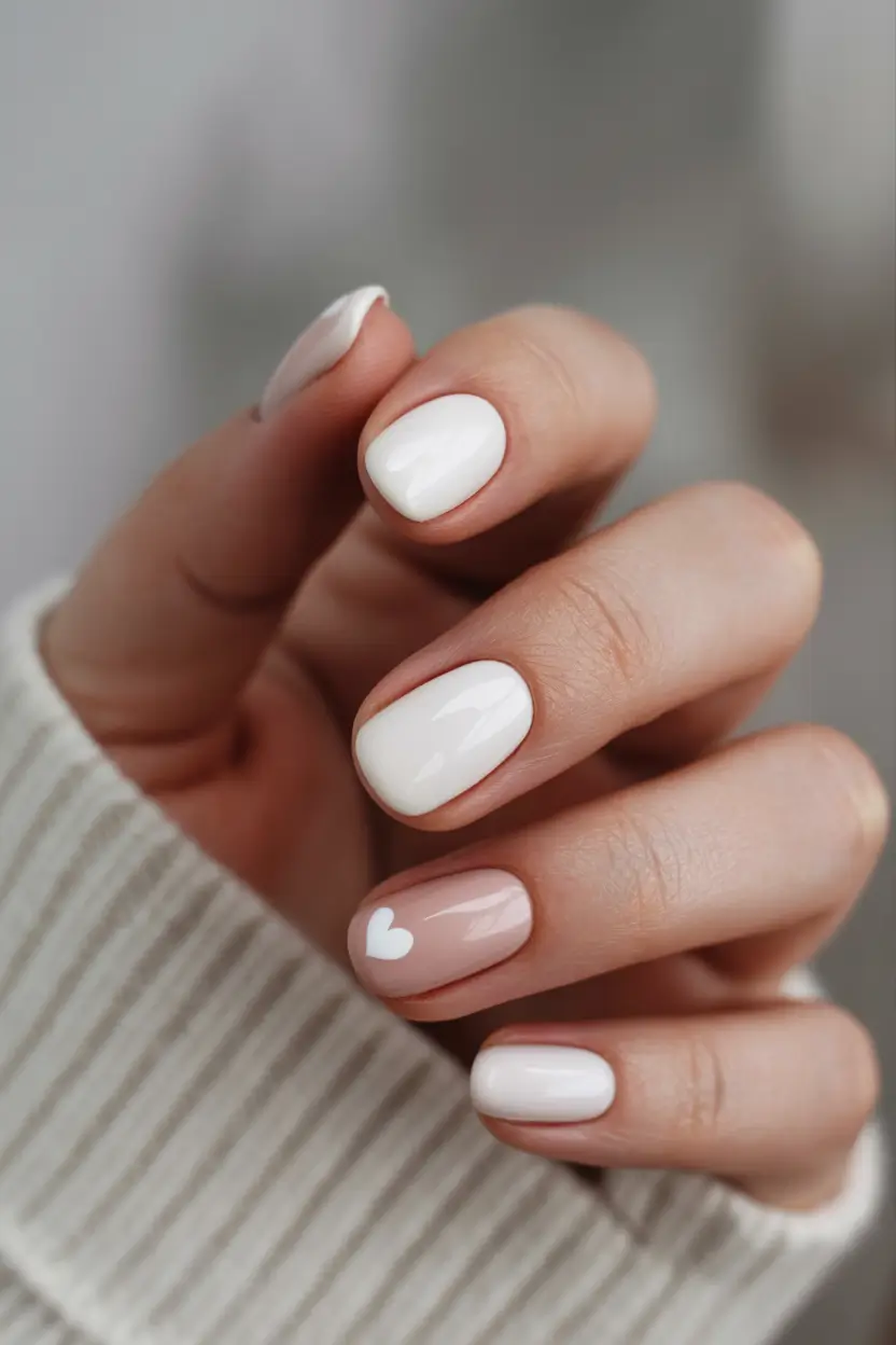 neutral nails 2026 Crisp Winter White With a Heart Accent