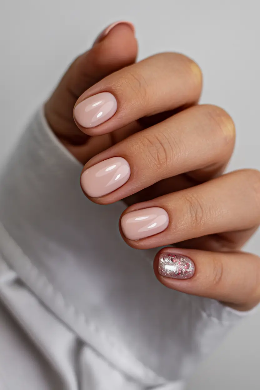 neutral nails 2026 Blush Nude With a Single Sparkly Accent Nail