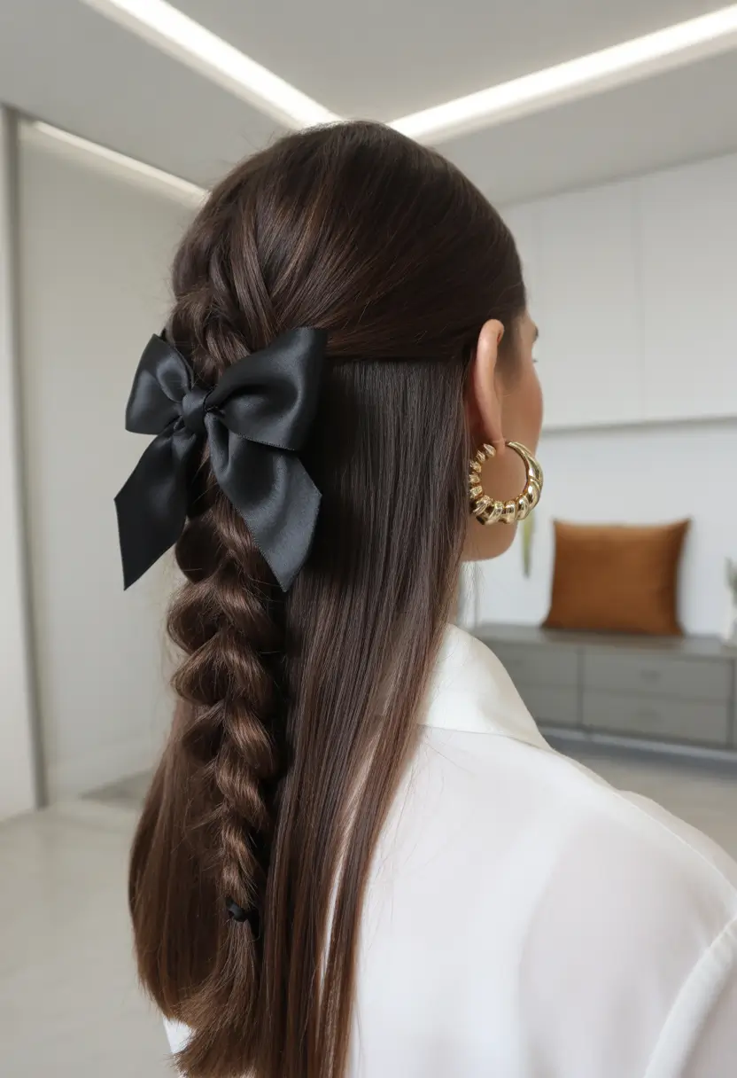 straight hairstyles Classic Braid With Satin Bow