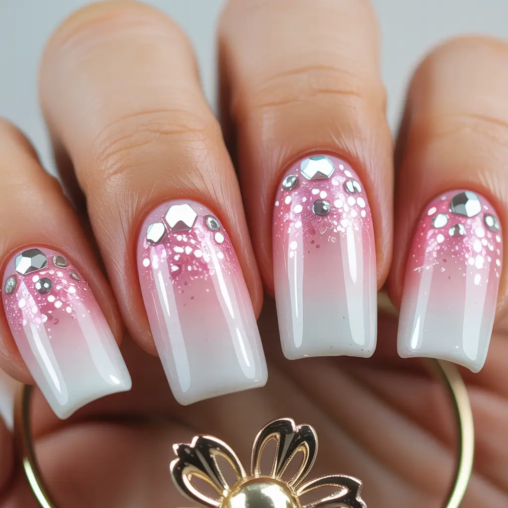 fun birthday nails 2026 Pink Frosted Ombre with Crystal Accents for a Birthday Statement