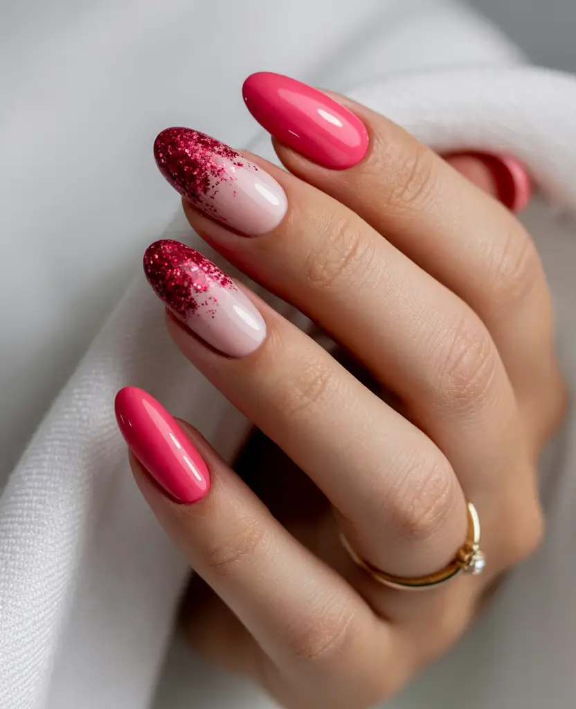 fun birthday nails 2026 Pink Sparkle Almond Nails for a Bold Birthday Pop