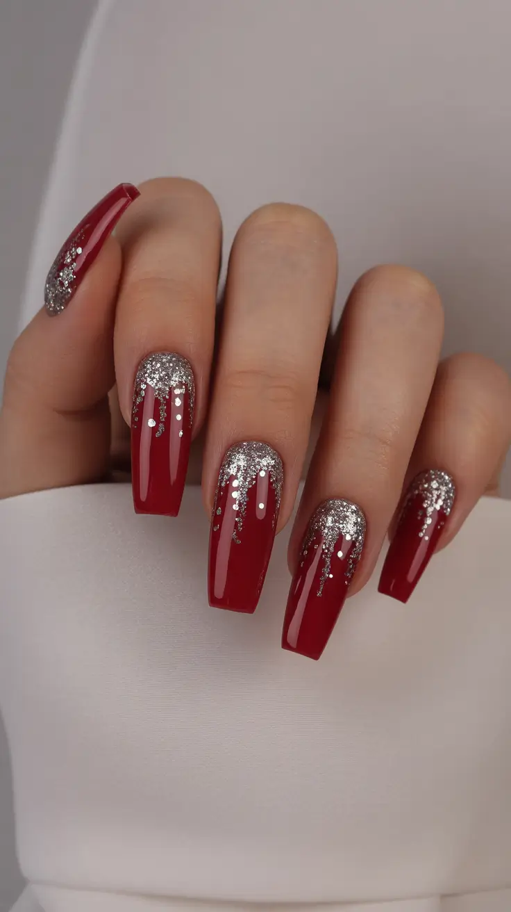fun birthday nails 2026 Deep Red Coffin Nails with Silver Glitter for a Glam Birthday Night
