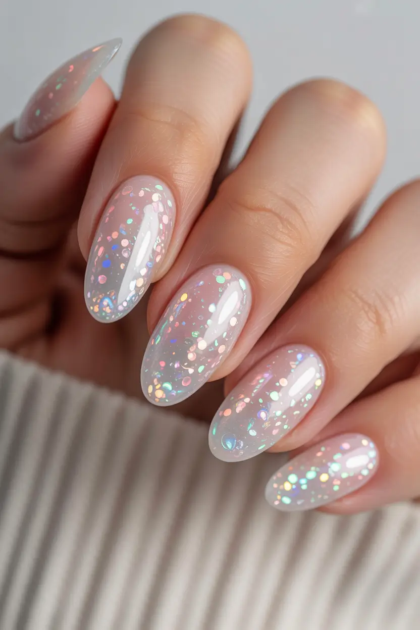 fun birthday nails 2026 Iridescent Confetti Almond Nails for a Soft Party Glow