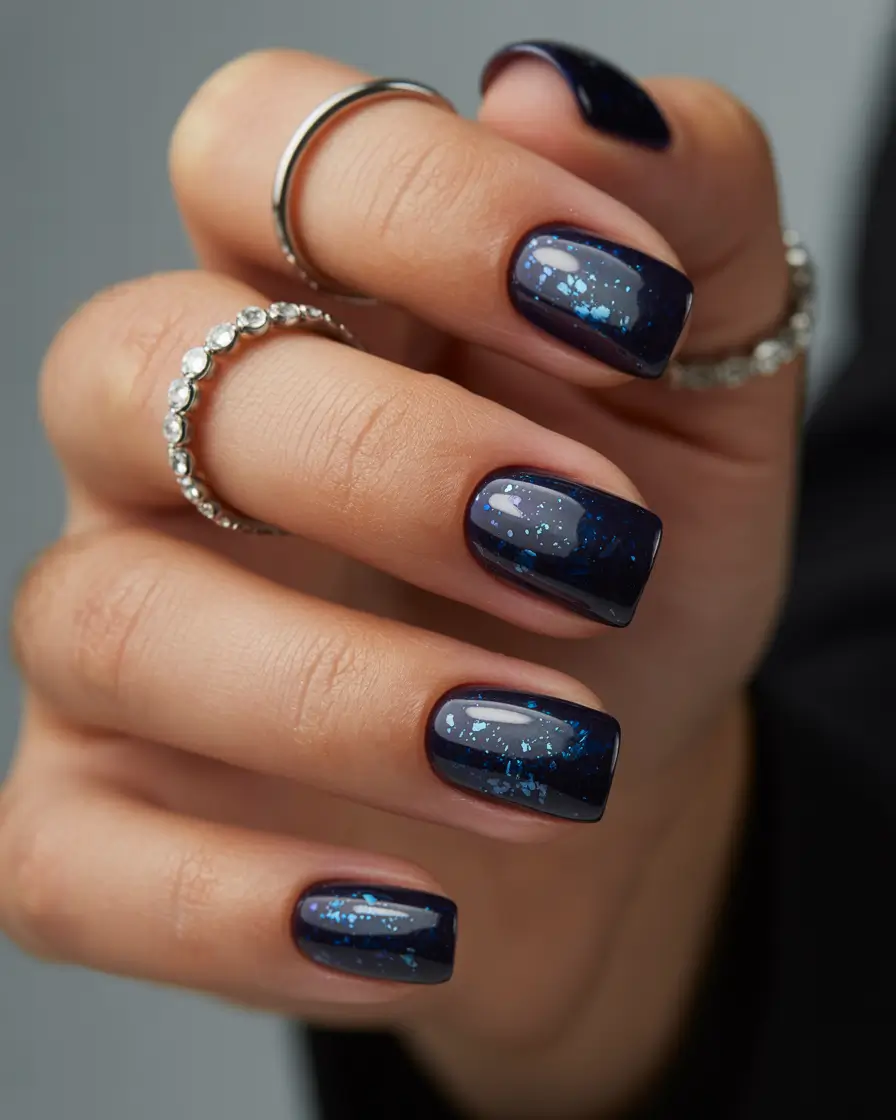 fun birthday nails 2026 Midnight Blue Sparkle Square Nails for a Chic Birthday Vibe