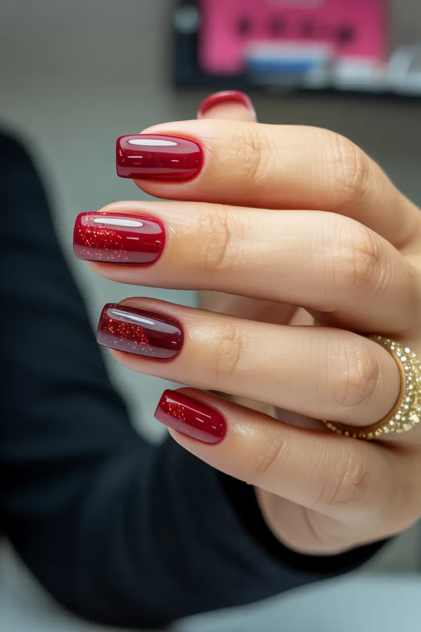 fun birthday nails 2026 Glossy Red Short Nails with a Subtle Glitter Shift