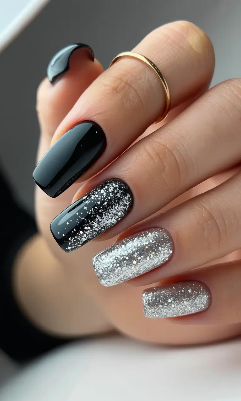 fun birthday nails 2026 Black and Silver Mixed Manicure for a Bold Party Statement